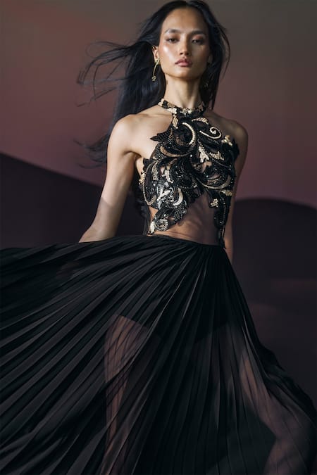 Buy Pankaj & Nidhi Black Tulle, Chiffon Sequins, Embroidery Halter Neck Araquis Sirocco Ember Dress Online at Aza Fashions Buy_Pankaj & Nidhi_Black Tulle, Chiffon Sequins, Embroidery Halter Neck Araquis Sirocco Ember Dress _Online_at_Aza_Fashions