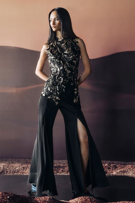 Pankaj & Nidhi Black Georgette, Tulle, Crepe Sequins, Embroidery Araquis Rift Monarch Cape Set 