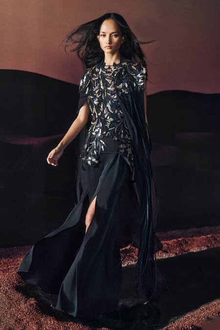 Shop_Pankaj & Nidhi_Black Georgette, Tulle, Crepe Sequins, Embroidery Araquis Rift Monarch Cape Set _Online_at_Aza_Fashions