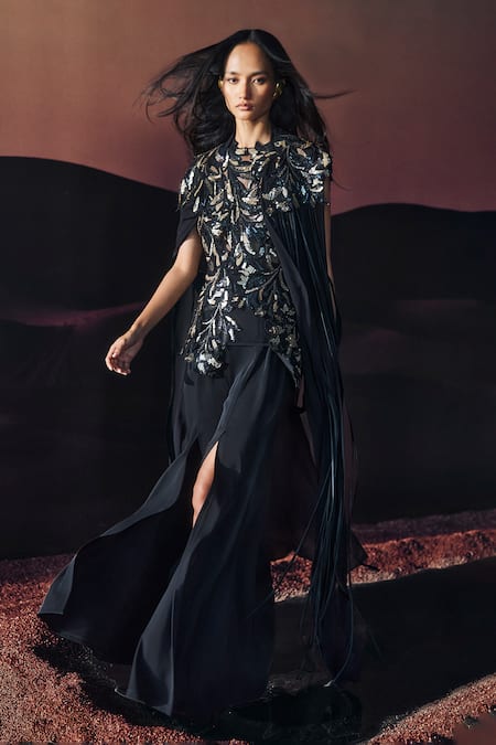 Pankaj & Nidhi Black Round Neck Araquis Rift Monarch Cape 