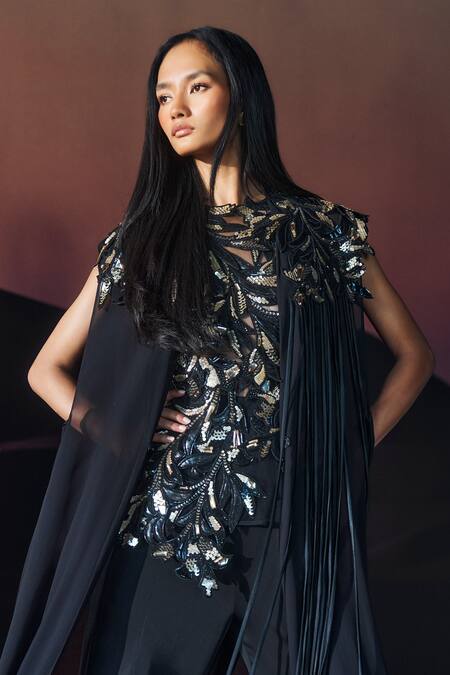 Shop Pankaj & Nidhi Black Round Neck Araquis Rift Monarch Cape Online at Aza Fashions Shop_Pankaj & Nidhi_Black Round Neck Araquis Rift Monarch Cape _Online_at_Aza_Fashions