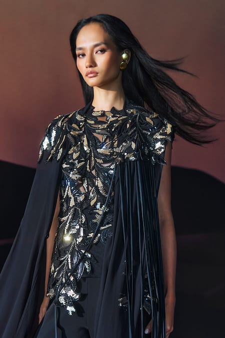 Pankaj & Nidhi Black Round Neck Araquis Rift Monarch Cape at Aza Fashions Pankaj & Nidhi_Black Round Neck Araquis Rift Monarch Cape _at_Aza_Fashions