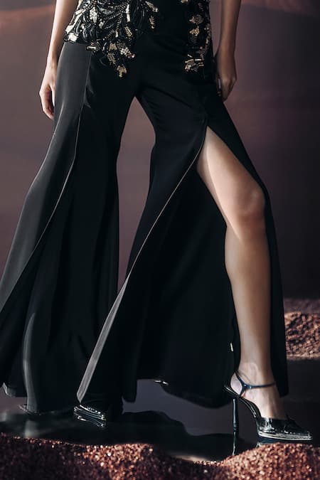 Buy_Pankaj & Nidhi_Black Crepe Araquis Rift Monarch Slit Pant _Online_at_Aza_Fashions