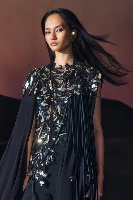 Buy_Pankaj & Nidhi_Black Crepe Araquis Rift Monarch Slit Pant 