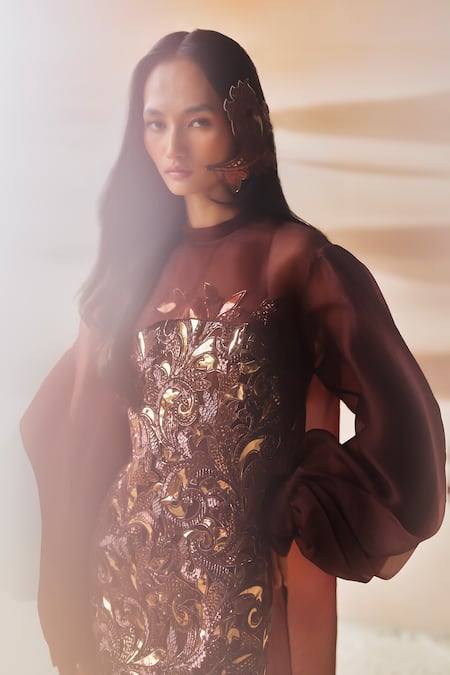 Pankaj & Nidhi_Brown Tulle, Crepe Embroidery, Zari Round Araquis Cinnamon Haze Dress And Cape Set _Online_at_Aza_Fashions