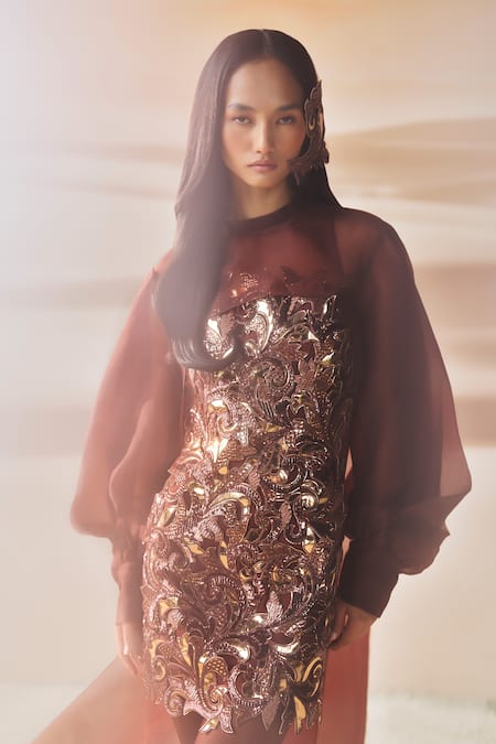Pankaj & Nidhi Brown Tulle, Crepe Embroidery, Sequins High Neck Araquis Cinnamon Haze Dress 