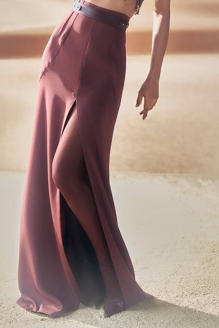 Pankaj & Nidhi_Brown Crepe Araquis Rippled Spice Harness Set _Online_at_Aza_Fashions