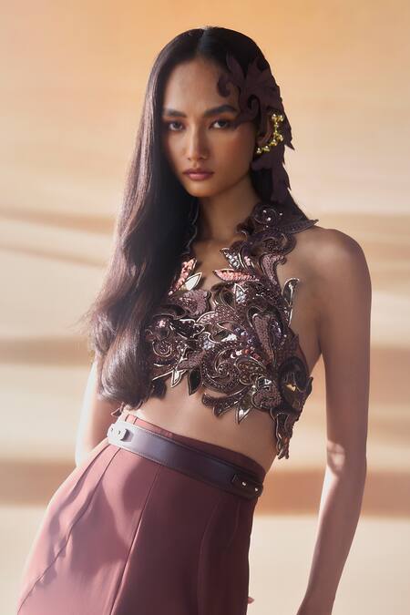 Buy_Pankaj & Nidhi_Brown Crepe Araquis Rippled Spice Harness Set _Online_at_Aza_Fashions