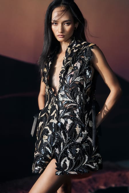 Pankaj & Nidhi Black Tulle Sequins, Embroidery V-neck Araquis Sirocco Reprise Jacket 
