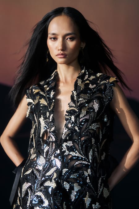 Buy_Pankaj & Nidhi_Black Tulle Sequins, Embroidery V-neck Araquis Sirocco Reprise Jacket _Online_at_Aza_Fashions