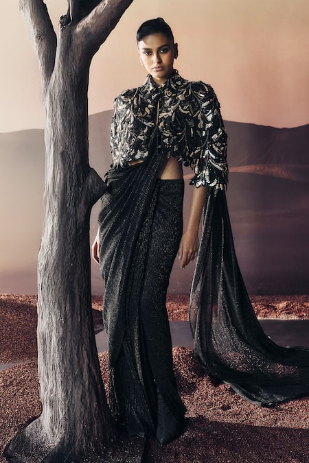 Pankaj & Nidhi Black Crepe, Lurex Sequins Araquis Noir Majesty Cape And Pre- Draped Saree Set 