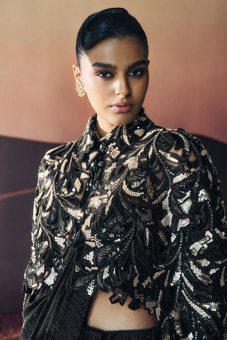 Pankaj & Nidhi_Black Crepe, Lurex Sequins Araquis Noir Majesty Cape And Pre- Draped Saree Set _Online_at_Aza_Fashions