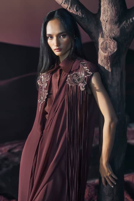Buy_Pankaj & Nidhi_Brown Collared Araquis Moonlit Grace Cape _Online_at_Aza_Fashions