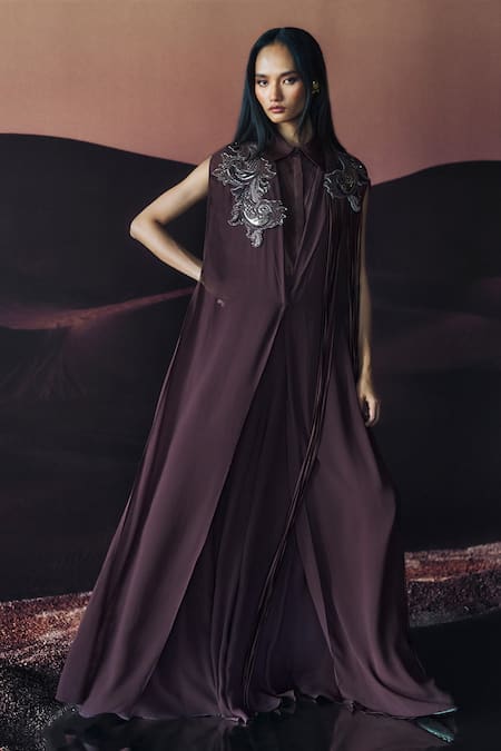 Pankaj & Nidhi Brown Silk Organza Collared Araquis Moonlit Grace Shirt 