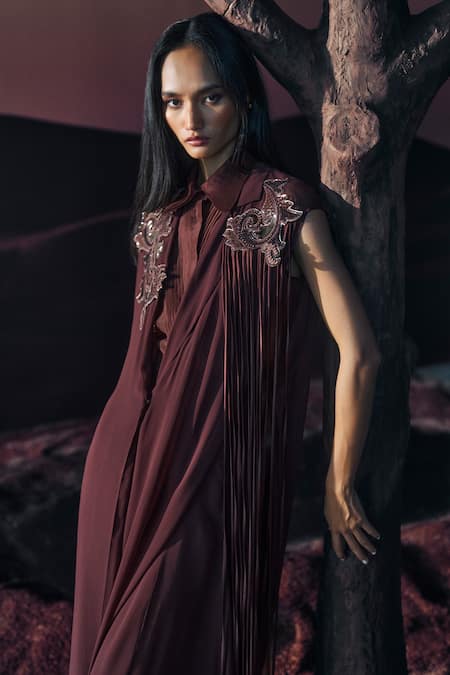Pankaj & Nidhi_Brown Silk Organza Collared Araquis Moonlit Grace Shirt _Online_at_Aza_Fashions