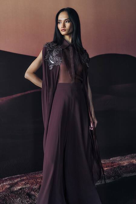 Buy_Pankaj & Nidhi_Brown Silk Organza Collared Araquis Moonlit Grace Shirt _Online_at_Aza_Fashions