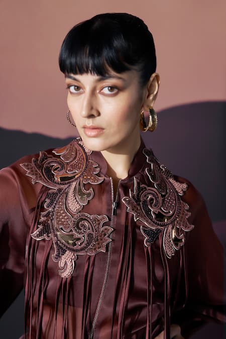Buy_Pankaj & Nidhi_Brown Silk Organza, Crepe, Viscose Araquis Oracle Bomber Jacket And Skorts Set _Online_at_Aza_Fashions