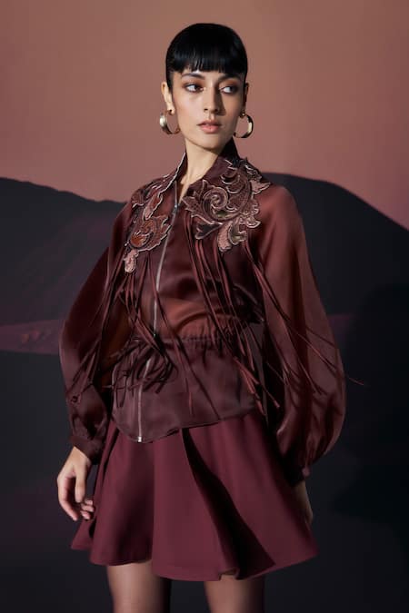 Pankaj & Nidhi_Brown Silk Organza Fringe, Embroidery High Neck Araquis Oracle Bomber Jacket _Online_at_Aza_Fashions