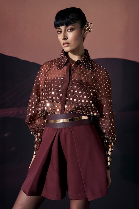 Pankaj & Nidhi Brown Crepe Araquis Pleated Skorts 