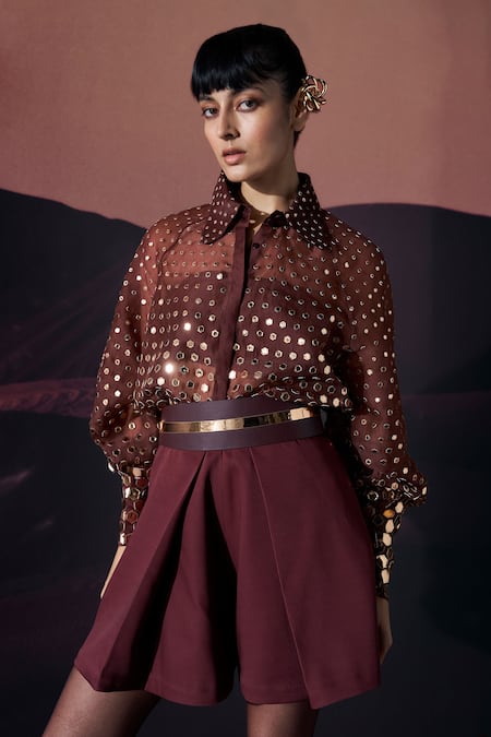 Pankaj & Nidhi Brown Silk Organza, Crepe Sequins Collared Araqui Umber Gleam Shirt And Skorts 