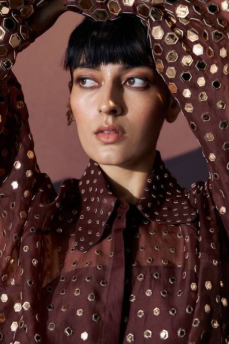 Pankaj & Nidhi_Brown Silk Organza, Crepe Sequins Collared Araqui Umber Gleam Shirt And Skorts _Online_at_Aza_Fashions