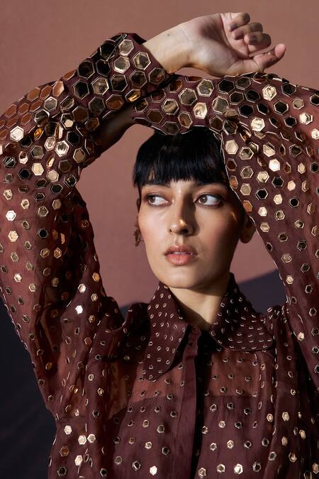 Pankaj & Nidhi_Brown Silk Organza Embroidery, Sequins Collared Araqui Umber Gleam Shirt _Online_at_Aza_Fashions