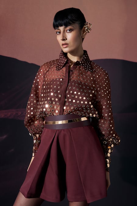 Pankaj & Nidhi Brown Silk Organza Embroidery, Sequins Collared Araqui Umber Gleam Shirt 