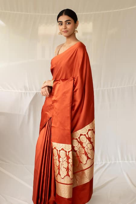 Priyanka Raajiv_Rust Silk Zari Mani Saree With Running Blouse _Online_at_Aza_Fashions