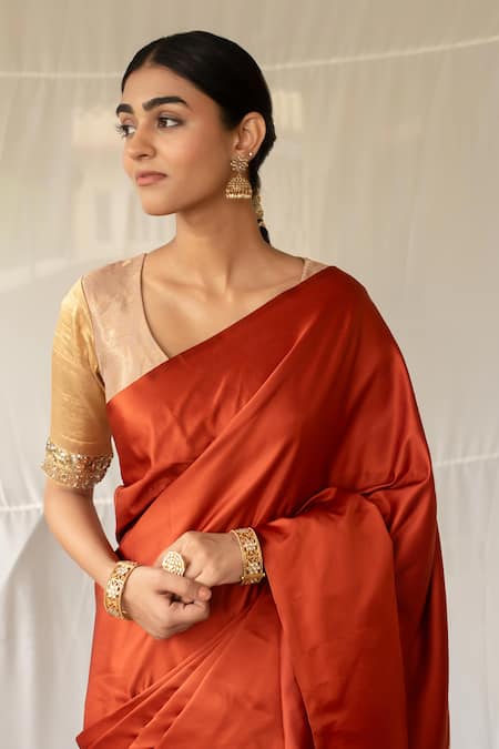 Buy_Priyanka Raajiv_Rust Silk Zari Mani Saree With Running Blouse _Online_at_Aza_Fashions