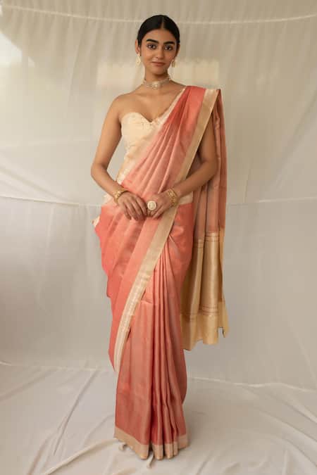 Priyanka Raajiv_Coral Brocade, Silk Zari Madhurya Saree With Running Blouse _Online_at_Aza_Fashions
