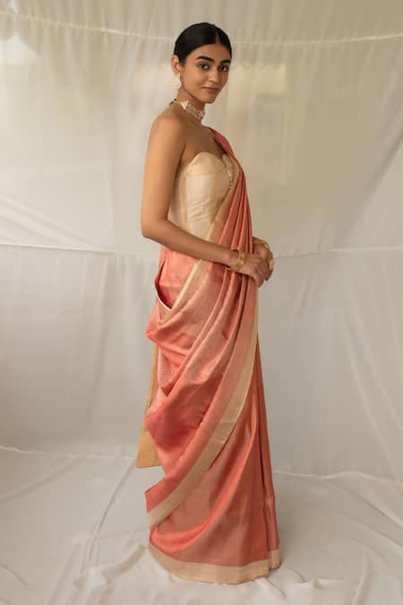 Buy_Priyanka Raajiv_Coral Brocade, Silk Zari Madhurya Saree With Running Blouse _Online_at_Aza_Fashions