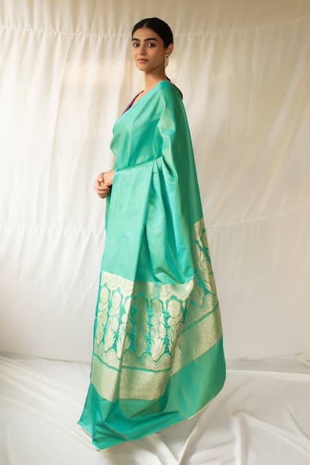 Buy_Priyanka Raajiv_Turquoise Silk Zari Mani Woven Saree With Running Blouse _Online_at_Aza_Fashions