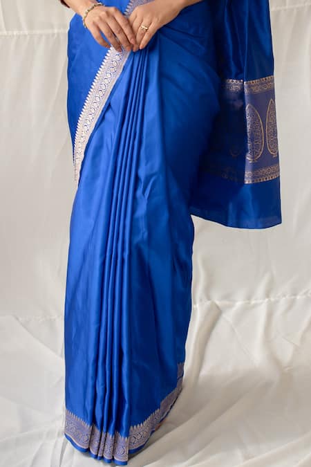 Priyanka Raajiv_Blue Silk Zari Kalamayi Banarasi Saree With Running Blouse _Online_at_Aza_Fashions