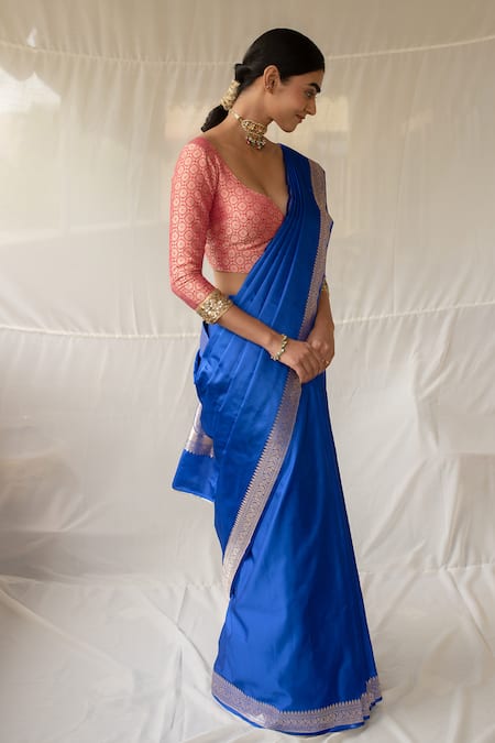 Shop_Priyanka Raajiv_Blue Silk Zari Kalamayi Banarasi Saree With Running Blouse _Online_at_Aza_Fashions