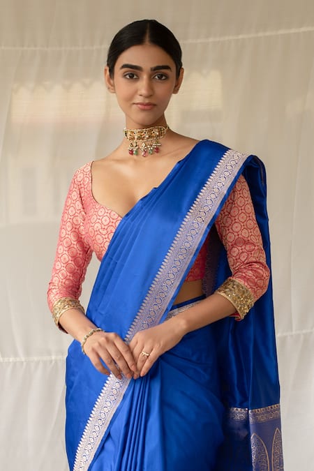 Shop_Priyanka Raajiv_Blue Silk Zari Kalamayi Banarasi Saree With Running Blouse 