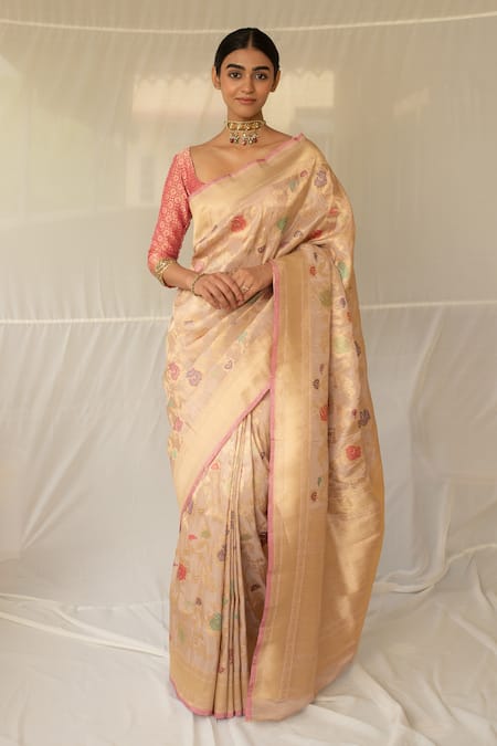 Shop Priyanka Raajiv Blush Silk Zari, Embroidery Chandramandala Saree With Running Blouse Online at Aza Fashions Shop_Priyanka Raajiv_Blush Silk Zari, Embroidery Chandramandala Saree With Running Blouse _Online_at_Aza_Fashions