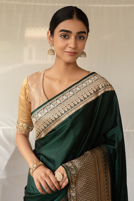 Priyanka Raajiv Green Silk, Brocade Zari, Embroidery Gangaur Saree With Running Blouse at Aza Fashions Priyanka Raajiv_Green Silk, Brocade Zari, Embroidery Gangaur Saree With Running Blouse _at_Aza_Fashions