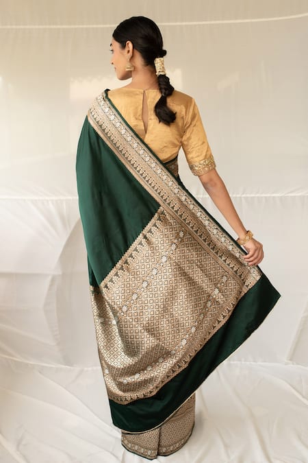 Shop Priyanka Raajiv Green Silk, Brocade Zari, Embroidery Gangaur Saree With Running Blouse at Aza Fashions Shop_Priyanka Raajiv_Green Silk, Brocade Zari, Embroidery Gangaur Saree With Running Blouse _at_Aza_Fashions