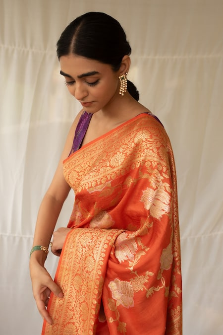 Priyanka Raajiv_Orange Brocade, Silk Zari, Tassels Swaroopini Woven Saree With Running Blouse _Online_at_Aza_Fashions