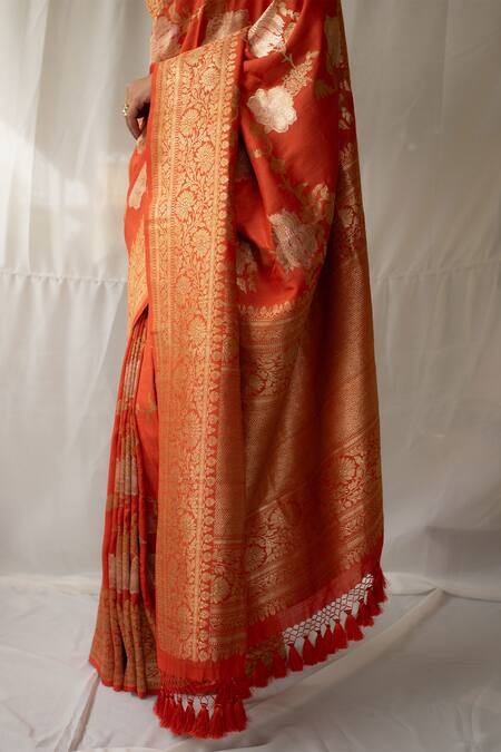Buy_Priyanka Raajiv_Orange Brocade, Silk Zari, Tassels Swaroopini Woven Saree With Running Blouse _Online_at_Aza_Fashions