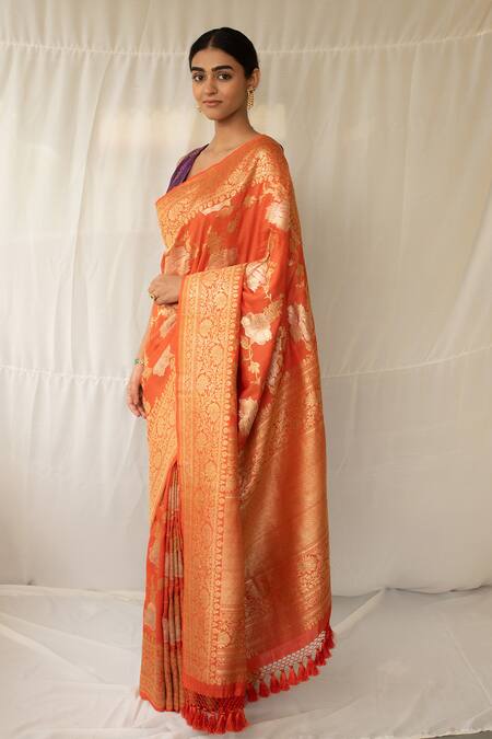 Shop_Priyanka Raajiv_Orange Brocade, Silk Zari, Tassels Swaroopini Woven Saree With Running Blouse _Online_at_Aza_Fashions