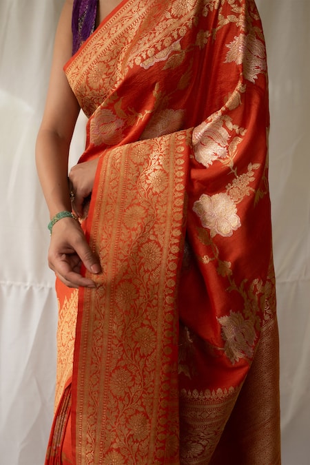 Priyanka Raajiv_Orange Brocade, Silk Zari, Tassels Swaroopini Woven Saree With Running Blouse _at_Aza_Fashions