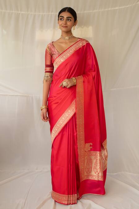 Priyanka Raajiv_Red Silk Zari Kalamayi Saree With Running Blouse _Online_at_Aza_Fashions