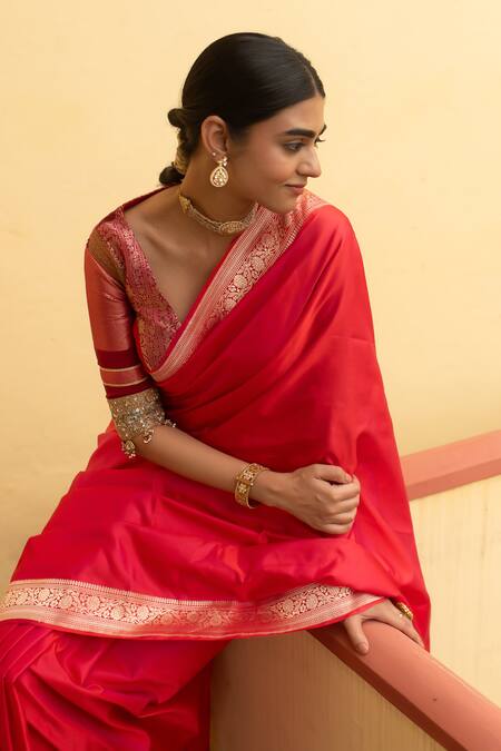 Buy_Priyanka Raajiv_Red Silk Zari Kalamayi Saree With Running Blouse _Online_at_Aza_Fashions