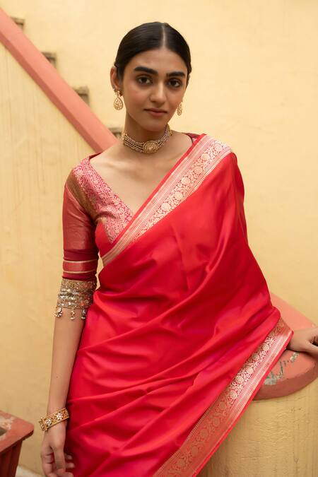 Shop_Priyanka Raajiv_Red Silk Zari Kalamayi Saree With Running Blouse _Online_at_Aza_Fashions