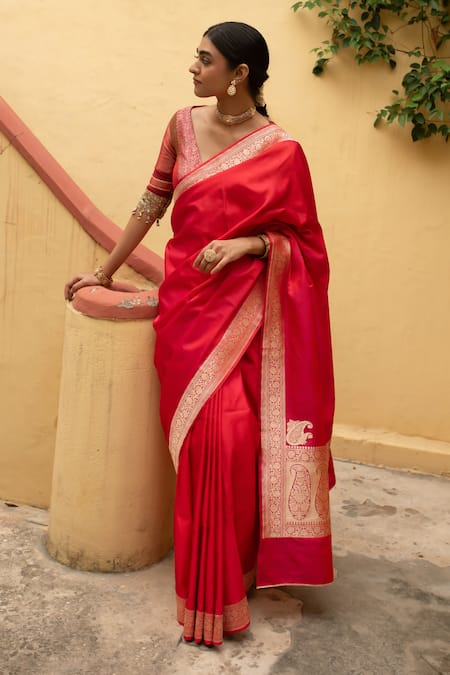 Priyanka Raajiv_Red Silk Zari Kalamayi Saree With Running Blouse _at_Aza_Fashions