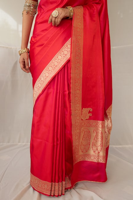Buy_Priyanka Raajiv_Red Silk Zari Kalamayi Saree With Running Blouse 