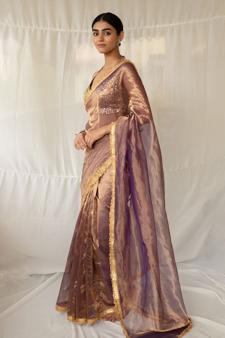 Buy_Priyanka Raajiv_Purple Chanderi, Silk Gota Patti Teej Saree With Running Blouse _Online_at_Aza_Fashions