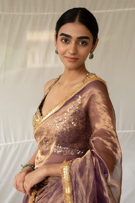 Shop_Priyanka Raajiv_Purple Chanderi, Silk Gota Patti Teej Saree With Running Blouse _Online_at_Aza_Fashions