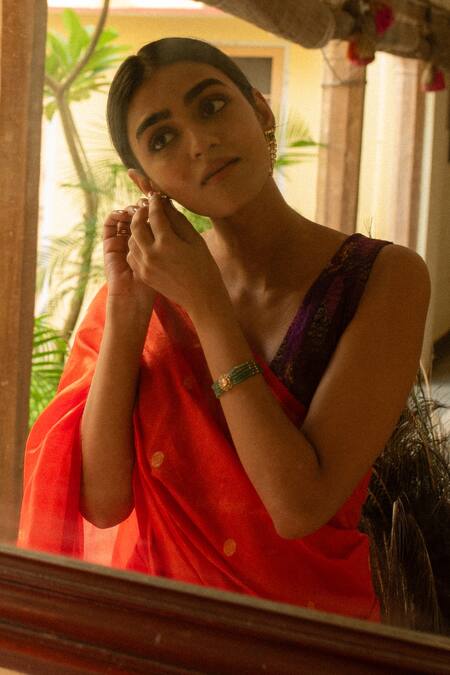 Shop_Priyanka Raajiv_Orange Chanderi Silk Zari Triya Saree With Running Blouse _Online_at_Aza_Fashions